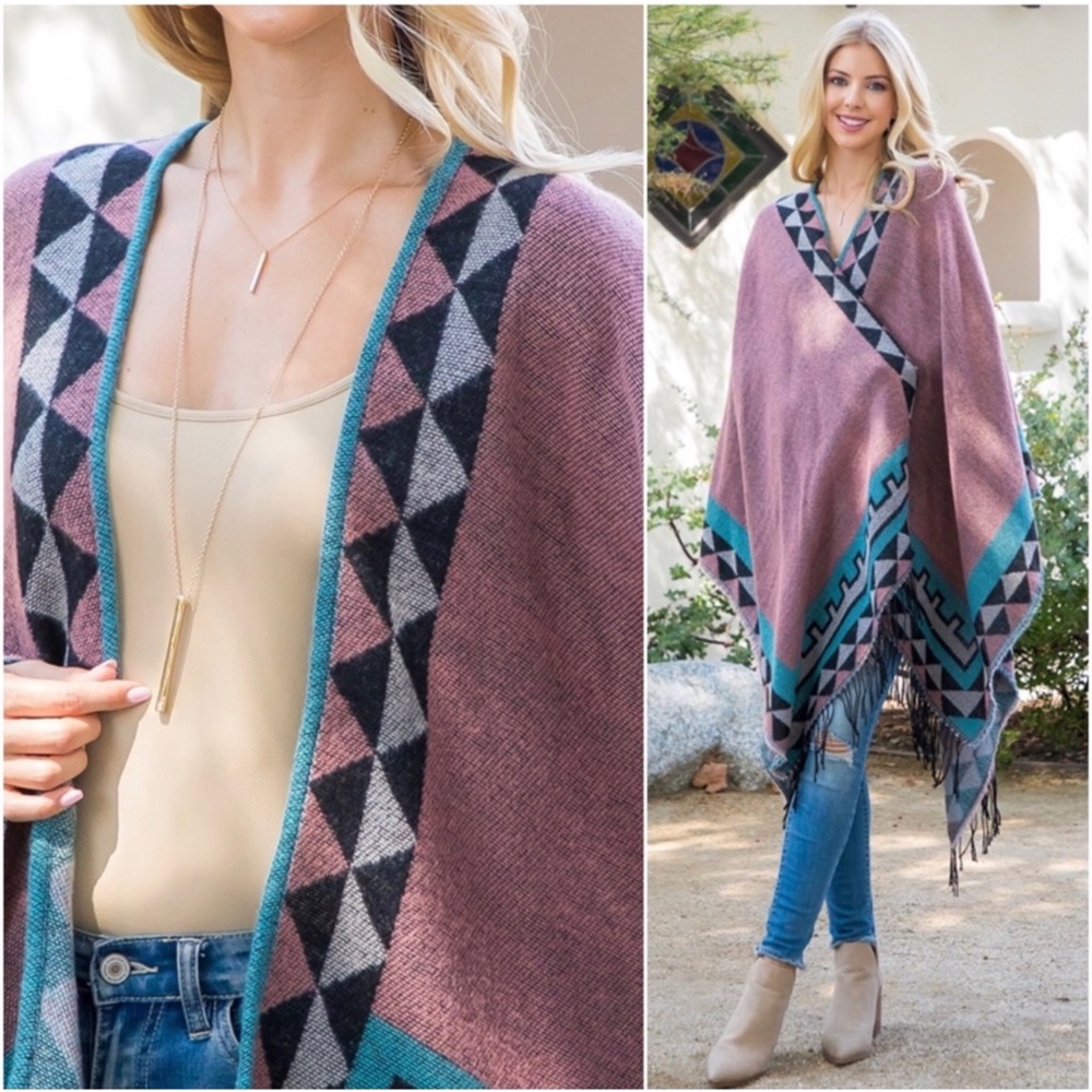 1 LEFT! Mauve Western Aztec Border Print Gorgeous Drape Over Fall Kimono - Picture 3 of 4